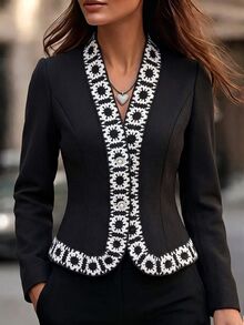 SHEIN Women's French Style Contrast Color Lace Trim V Neck Waist-Cinching Fitted Long Sleeve Jacket - Black - View 1