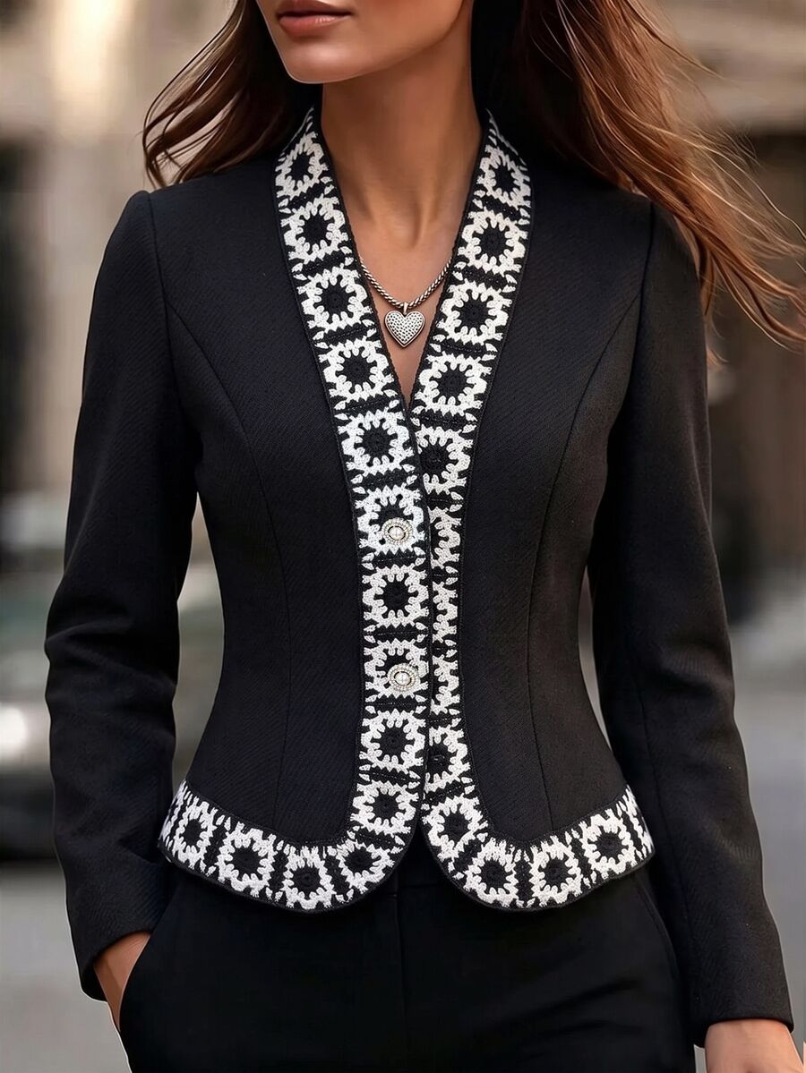SHEIN Women's French Style Contrast Color Lace Trim V Neck Waist-Cinching Fitted Long Sleeve Jacket - Black - View 1