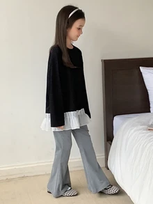 Dazy Kids Tween Girl) Black T-Shirt & Flared Pants Casual Cute Autumn/Winter 2 Pieces Set - Black - View 1