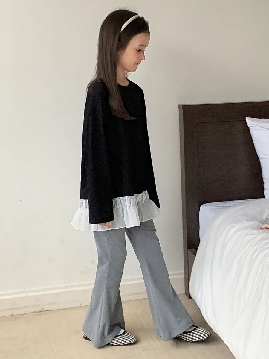 Dazy Kids Tween Girl) Black T-Shirt & Flared Pants Casual Cute Autumn/Winter 2 Pieces Set - Black - View 1