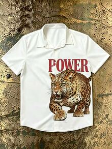 Resyla Men Men's Solid Color Turn Collar Letter & Tiger Print Short Sleeve Shirt - White - View 3