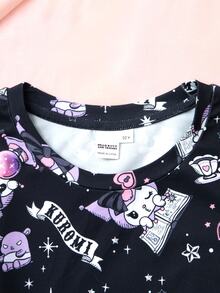 HELLO KITTY AND FRIENDS | SHEIN Tween Girl Cartoon Print Short Sleeve Loungewear Dress - Black - View 3