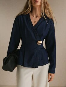 Poéselle Women's Long Sleeve Overlap Design Cinched Waist Loose Hem Denim Top - Dark Wash - View 8