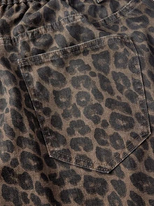 SHEIN Tall CURVE Plus Size Women's Button Leopard Print Casual Daily Wear Denim Jeans - Multicolor - View 9