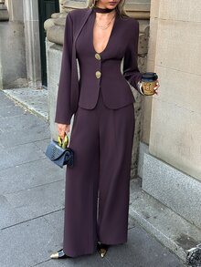 Aloruh Women's Halter Neck Ribbon Metal Decor Button Top And Wide Leg Pants Suit Set - Coffee Brown - View 6