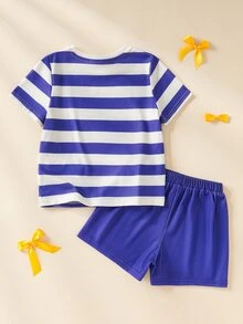 Blippi X SHEIN Young Girl Striped Round Neck Short Sleeve T-Shirt And Shorts Set - Purple - View 2