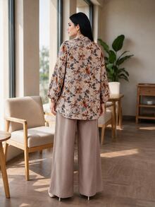 SHEIN Lady CURVE Plus Size Women's Botanical Print Long Sleeve Shirt And Pants Casual 2 Pieces Set - Beige - View 2