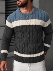 Manfinity Mode Sweater Pria Lengan Panjang Kasual Serbaguna untuk Pemakaian Harian Motif Colorblock - MultiWarna - View 4