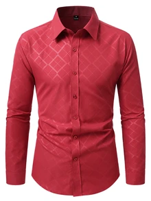 Manfinity Bizformal 男士時尚聖誕紅長袖正裝襯衫，紋理菱格圖案，優雅派對商務襯衫 - 酒紅色 - 查看 3