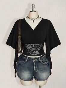 SHEIN ICON Dam T-shirt i plus size med svart spets och patchwork - Svart - Visa 1
