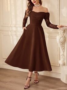 Vintamour Women's Lace Patchwork Tube Casual Party Long Strapless Dress - Brown - View 5