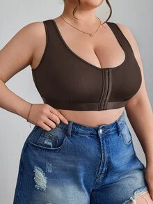 SHEIN CURVE+ 大尺碼簡約純色前扣式內衣背心，Curve Plus，Hoho Vacation - 棕色 - 查看 4