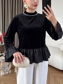 Modelyn Women's Autumn/Winter New Long Sleeve Ruffle Satin Velvet Colorblock Elegant Pearl Small Round Neck Slimming Versatile Plus Size Blouse For Party And Gathering - Black - View 3