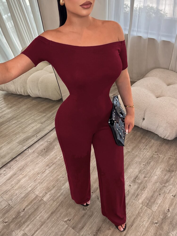 SHEIN SXY Women's Solid Color Elegant Sexy Cold Shoulder Jumpsuit Streetwear Party Dinner Dinner Burgundy Summer - Burgundy - View 4
