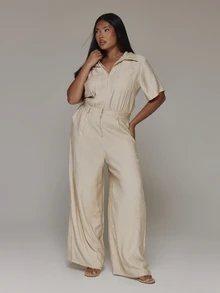 MUSERA Plus Size Beige Extreme Wide Leg Woven Utility Jumpsuit Spring Summer Casual Everyday Day Outfit Going Out - Camel - View 3