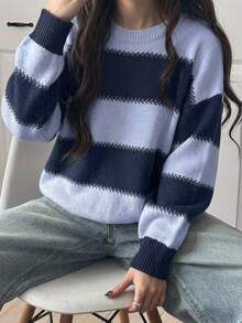 DAZY 條紋寬鬆長袖圓領女款毛衣 - 藏蓝色 - 查看 3