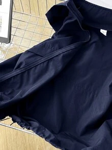 SHEIN 兒童青少年女孩休閒街頭風連帽口袋拉鍊前開襟下擺長袖梭織素色外套秋冬大衣 - 藏蓝色 - 查看 9