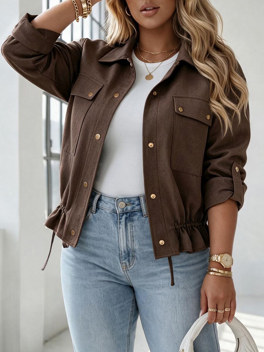 Easura Women's Utility Style Jacket, Fashion Funnel Neck, Multi-Pocket Waist Drawstring, Short Motorcycle Jacket Summer - Brown - View 1