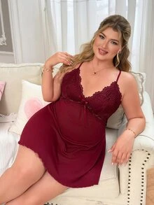 Slumberry CURVE Plus Size Women Lace Patchwork Sexy Daily Home Halter Neck Dress - Burgundy - View 5