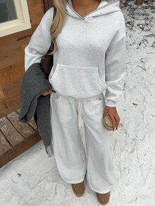 CovetEZ Women's Solid Color Fashion Minimalist Hoodie & Sweatpants Two Pieces Set - Grey - View 4