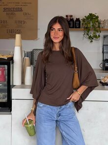 Siren Gaze Women's Solid Color Elegant Round Neck Draped Bell Sleeve Blouse - Brown - View 4