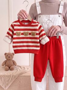 SHEIN Playful Pals 2件組新生兒男嬰女嬰衛衣＋長褲套裝，可愛紅白條紋熊貼布，長袖圓領加厚款，聖誕冬季節日，羅紋袖口 - 紅色 - 查看 4