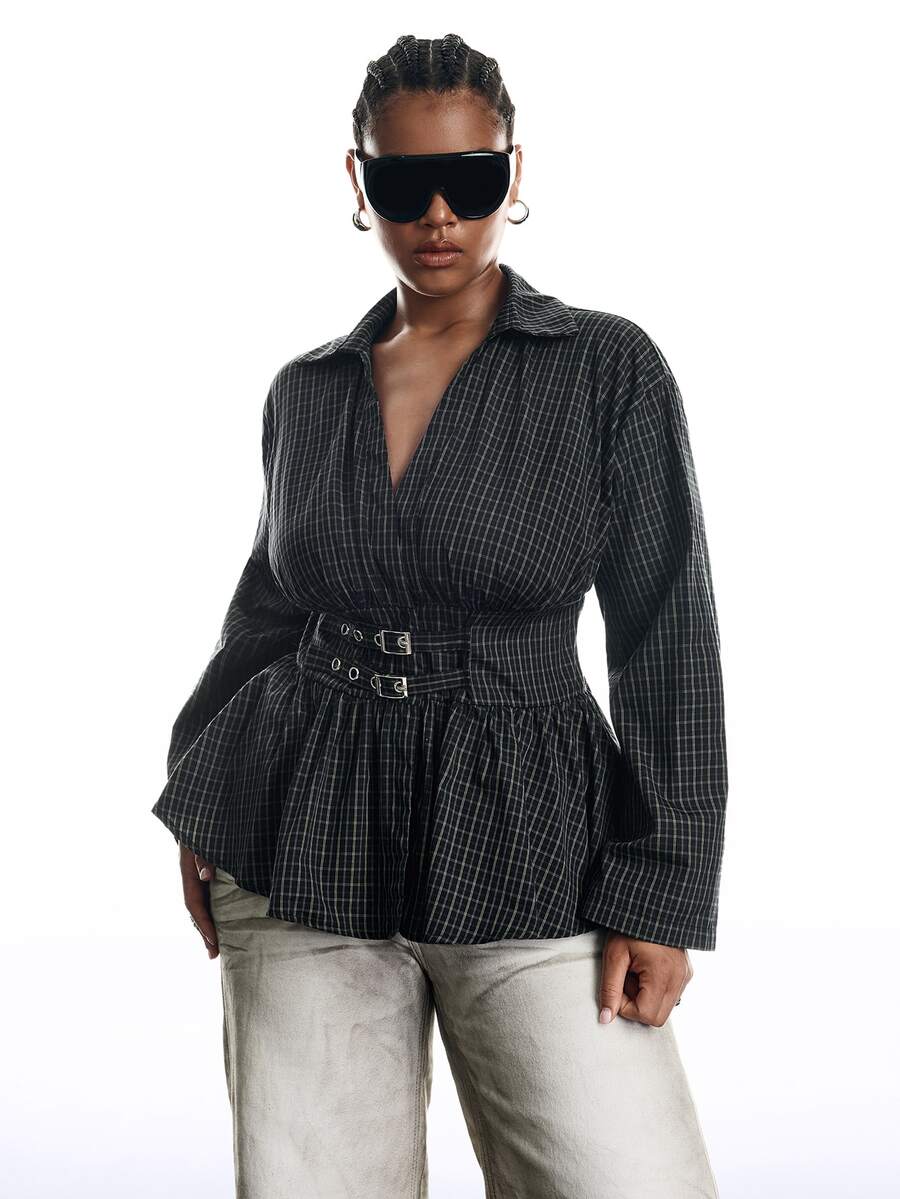 LYSMO Plus Size Women's Plaid Long Sleeve Waist Eyelet Buckle Casual Shirt Fall - Multicolor - View 1