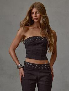 MUSERA Black Woven Eyelet Detail Bandeau Top Fall Winter Everyday Causal Going Out Cool Girl Forces - Coffee Brown - View 2