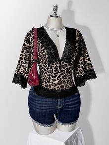 SHEIN ICON Women's Plus Size Leopard Print Contrast Lace V-Neck Fitted Top - Brown - View 7