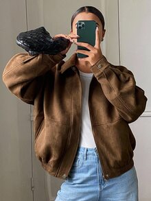 DAZY Women's Solid Color Lapel Dropped Shoulder Sleeve Zipper Jacket, Autumn/Winter - Brown - View 5