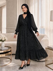 Dripcurv Plus Size Women's All-Over Print V-Neck Casual Summer Travel Dress Fall - Black - View 5