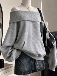 Lalippa Women's Solid Color Off-Shoulder Loose Fit Fashion Sweatshirt - Grey - View 4
