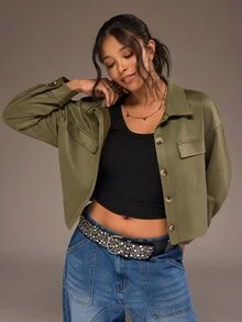 Freevana 女款軍綠色仿麂皮鈕扣開襟長袖翻領口袋休閒秋季短版夾克 - 軍綠色 - 查看 1