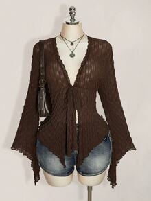 SHEIN ICON Women Plus Size V-Neck Lace Trim Casual Daily Wear Blouse - Brown - View 1