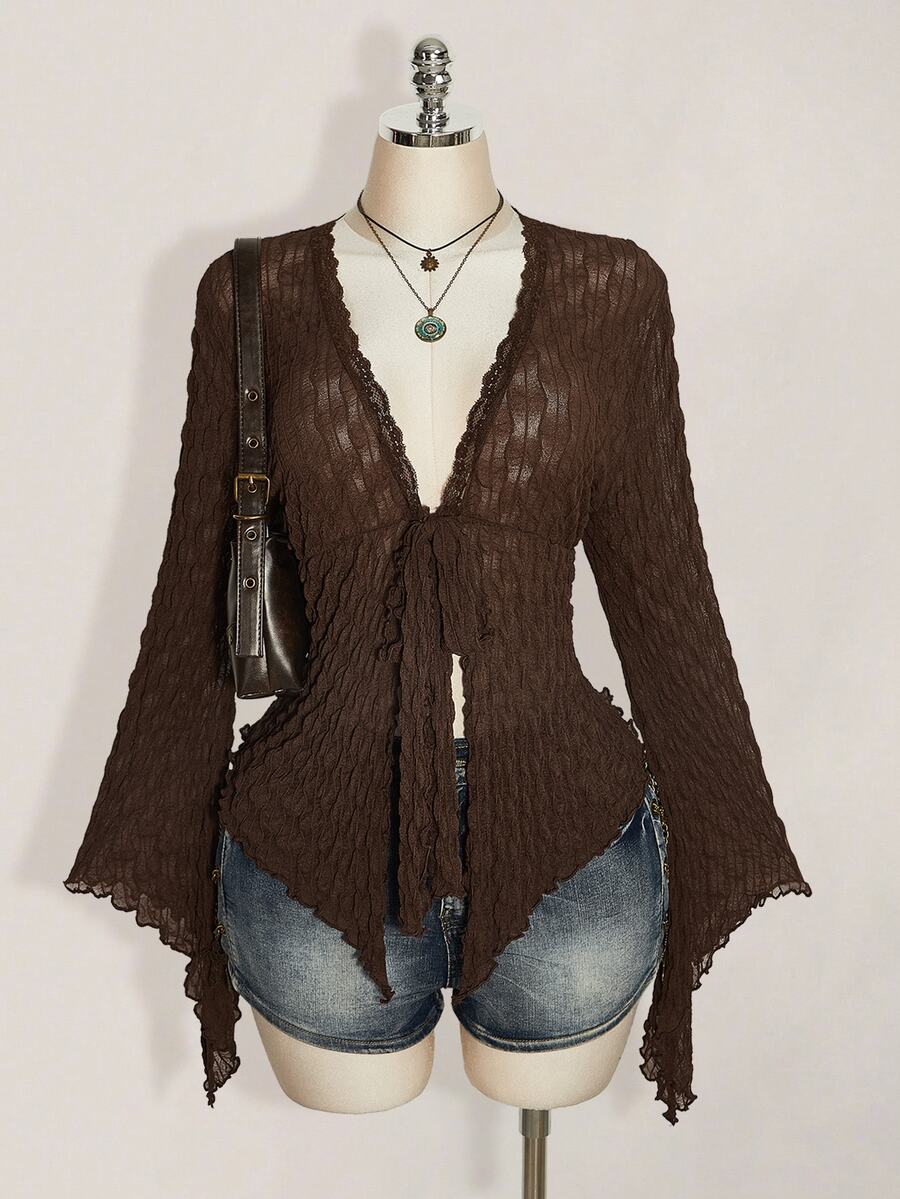 SHEIN ICON Women Plus Size V-Neck Lace Trim Casual Daily Wear Blouse - Brown - View 1