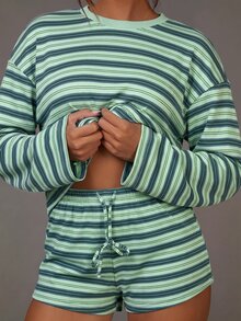 Athîral Women's Striped Pattern Round Neck Long Sleeve Top And Shorts Two Pieces Set - Green - View 3