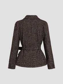 Sweetra Autumn/Winter Retro Mixed Color Herringbone Jacquard Waist-Cinching Overcoat, Classic Lapel Design, Metallic Texture Buttons, 3D Patch Pockets, Elegant And Sharp Vintage Vibe, Fashionable Versatile For Daily Commute And Weekend Outings - Brown - View 2