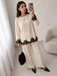 Feyla Women's Contrast Lace Drop Shoulder Long Sleeve Top And Straight Leg Pants 2 Pieces Set - Apricot - View 7