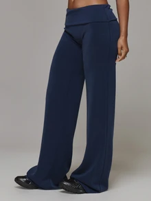 Musera Sport Fold Over Waist Wide Straight Leg Yoga Style Soft Touch Active Coord Trouser Only Sport Essentials Basics Gym Workout Autumn Fall Winter - Navy Blue - View 3