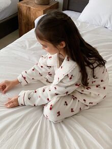 DAZY Girls (Large) Lapel Long Sleeve Cherry Pattern Top + Straight Leg Pants Casual 2 Pieces Set - White - View 2