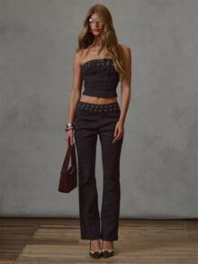 MUSERA Black Woven Eyelet Detail Bandeau Top Fall Winter Everyday Causal Going Out Cool Girl Forces - Coffee Brown - View 1