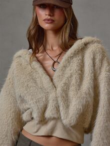 MUSERA Fluffy Faux Fur Fitted Waist Quarter Zip Neck Hoodie Fall Winter Everyday Causal Back To School Forces - Apricot - View 4