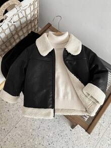 SHEIN 男嬰加厚保暖內裡長袖翻領夾克冬季外套，百搭舒適 - 黑色 - 查看 9