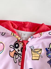 THE POWERPUFF GIRLS X SHEIN Kids Young Girl Cartoon Print Zip-Up Hooded Autumn Sweatshirt - Pink - View 6