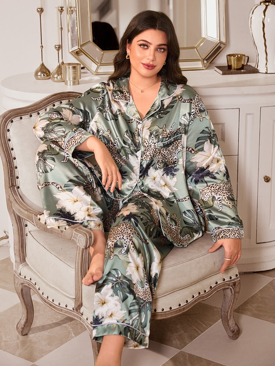 MuseNap CURVE Women's Plus Size Leopard & Floral Print Front Button Trim Patch Pocket Long Sleeve Pants Pajama Set, Loungewear Set, Autumn/Winter - Green - View 1