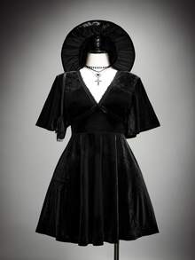 SHEIN ICON Plus Size Y2K Vintage Velvet Gothic V-Neck Ruffle Sleeve A-Line Dress - Black - View 1