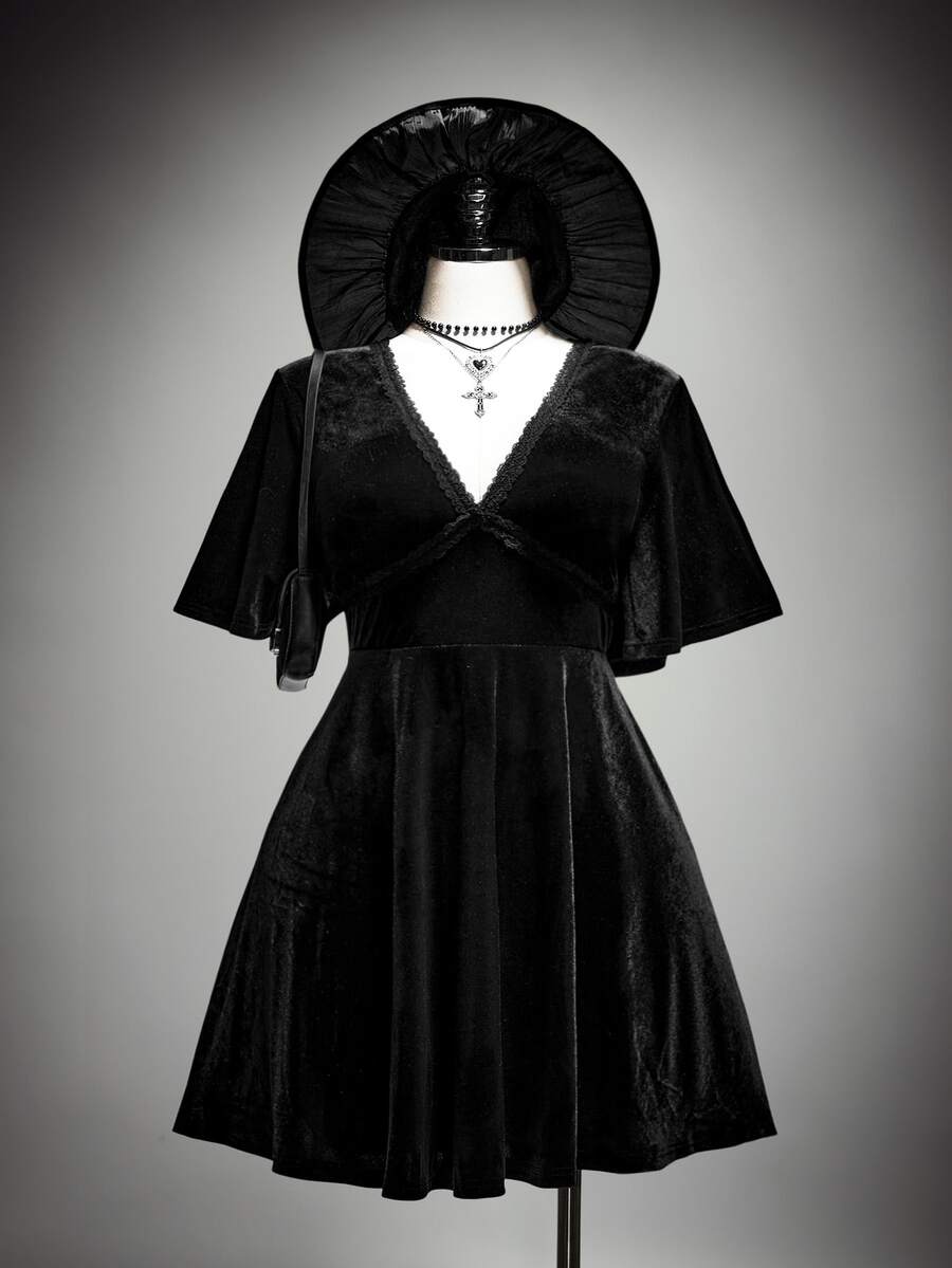 SHEIN ICON Plus Size Y2K Vintage Velvet Gothic V-Neck Ruffle Sleeve A-Line Dress - Black - View 1