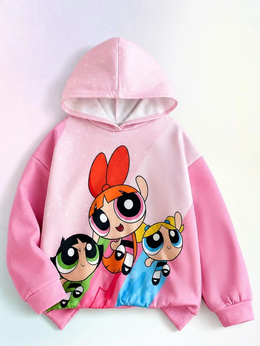 THE POWERPUFF GIRLS X SHEIN 1件少女休閒百搭粉色卡通圖案連帽寬鬆長袖衛衣,適合秋冬日常穿著、室內、運動、拍照、假期與生日 - 粉色 - 查看 1