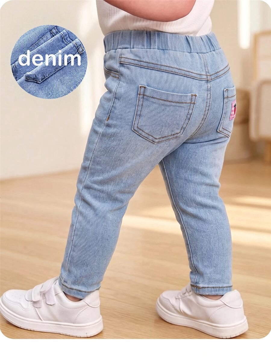 SHEIN Babygirl Cute Summer Bow Blue Knit Elastic Waist Long Pants - Blue - View 1