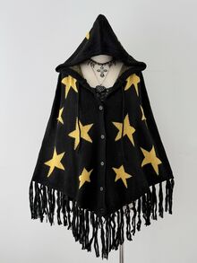 Sunspun Plus Size Fashion Star Pattern Button Front Cardigan Shawl - Black - View 1